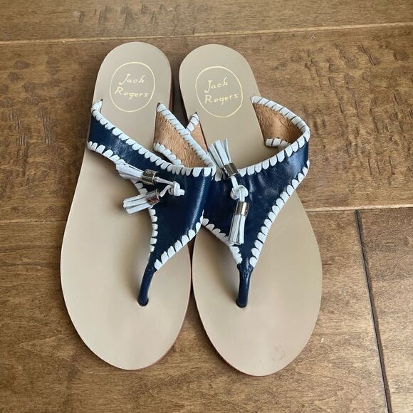 Jack Rogers Blue & White Tassel Sandals - Picture 1 of 4